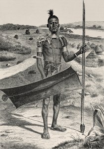 Shuli Warrior teljesen felszerelve: Falu a háttérben, Prof. Friedrich Ratzeltől: Az emberiség története, pub. 1904-ben